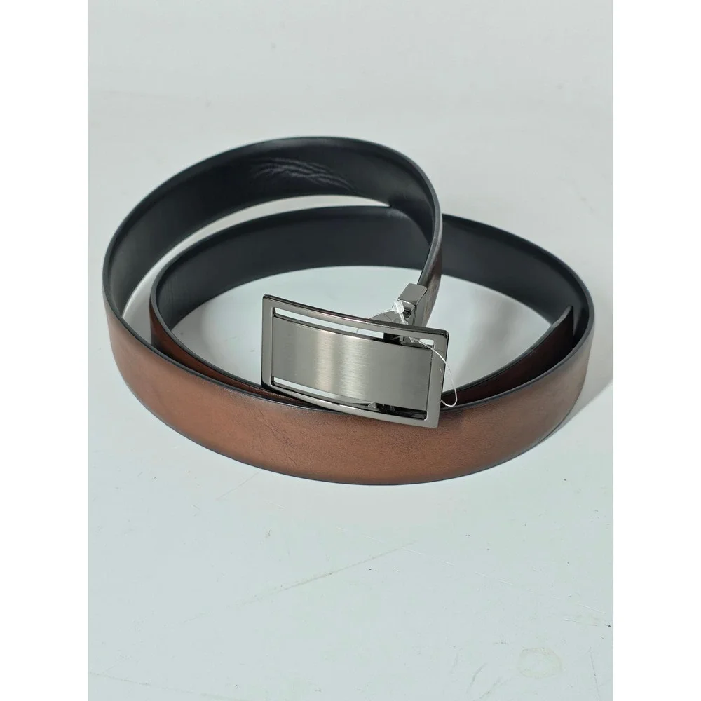 Reversible Belt Men XL Brown Black Like New Faux Leather Plaque Buckle